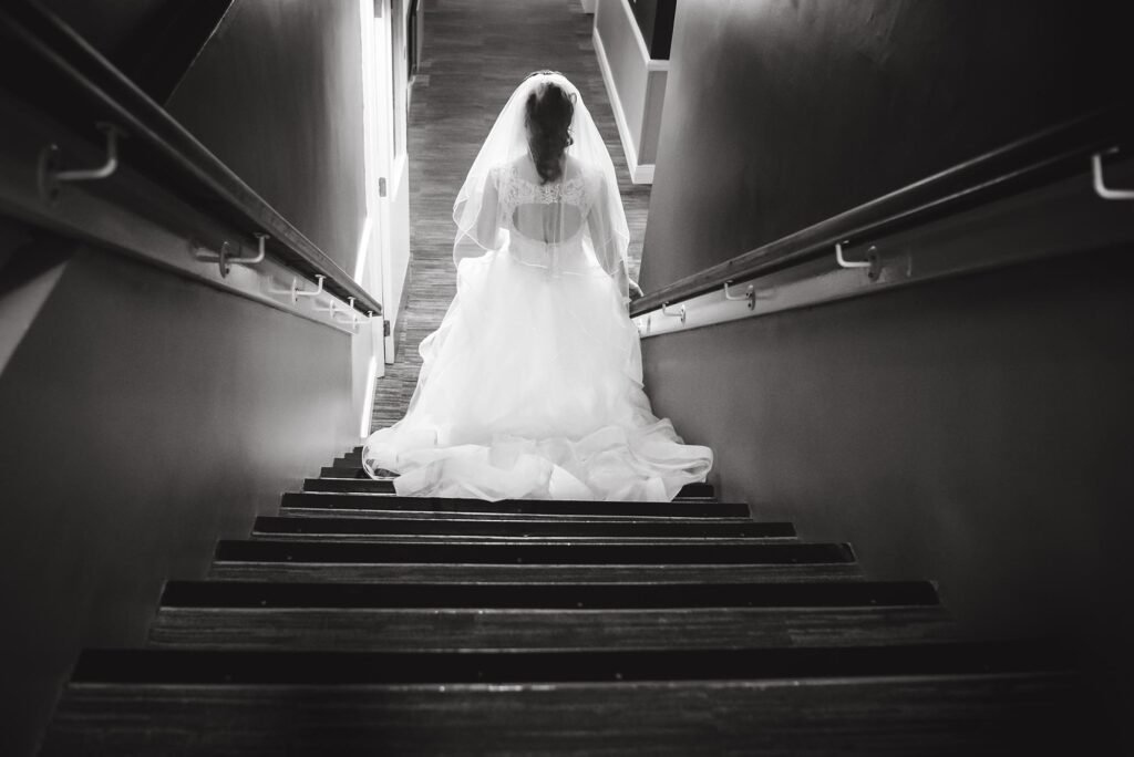 Stunning aerial view of the wedding ceremony on a staircase.